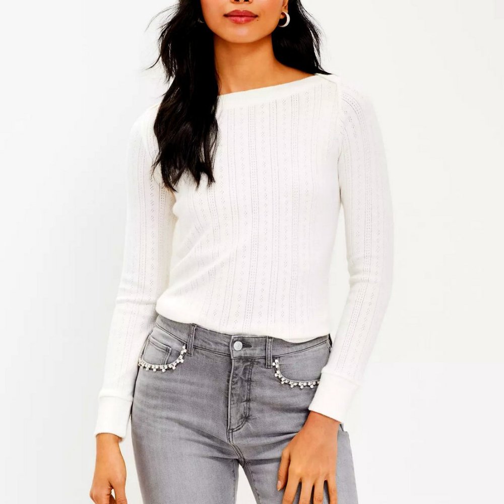 LOFT IVORY POINTELLE BOATNECK TEE - Picture 1 of 4